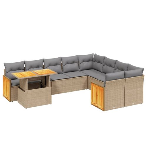 10-Piece Garden Sofa Set with Cushions Beige Poly Rattan Wicker Outdoor Patio Furniture - Image 5
