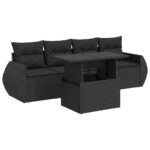 5-Piece Garden Sofa Set with Cushions Black Poly Rattan Wicker Outdoor Patio Furniture
