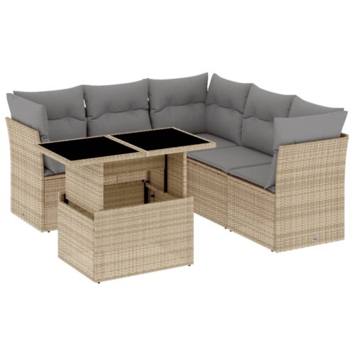 6-Piece Garden Sofa Set with Cushions Beige Poly Rattan Wicker Outdoor Patio Furniture
