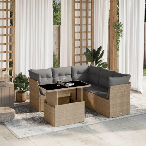 6-Piece Garden Sofa Set with Cushions Beige Poly Rattan Wicker Outdoor Patio Furniture - Image 2