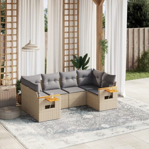 6-Piece Garden Sofa Set with Cushions Beige Poly Rattan Wicker Outdoor Patio Furniture - Image 2