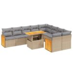 10-Piece Garden Sofa Set with Cushions Beige Poly Rattan Wicker Outdoor Patio Furniture