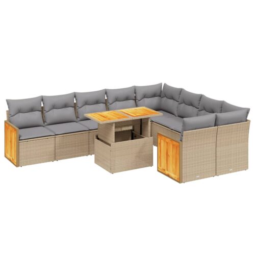 10-Piece Garden Sofa Set with Cushions Beige Poly Rattan Wicker Outdoor Patio Furniture