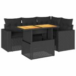 5-Piece Garden Sofa Set with Cushions Black Poly Rattan Wicker Outdoor Patio Furniture