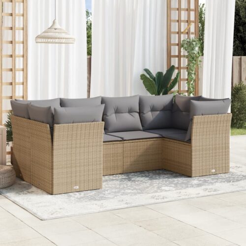 6-Piece Garden Sofa Set with Cushions Beige Poly Rattan Wicker Outdoor Patio Furniture - Image 2
