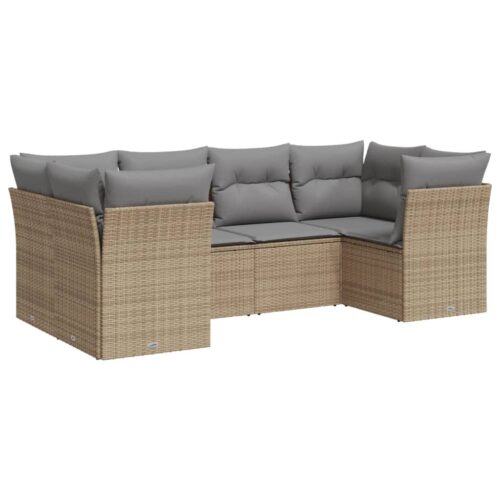 6-Piece Garden Sofa Set with Cushions Beige Poly Rattan Wicker Outdoor Patio Furniture - Image 5