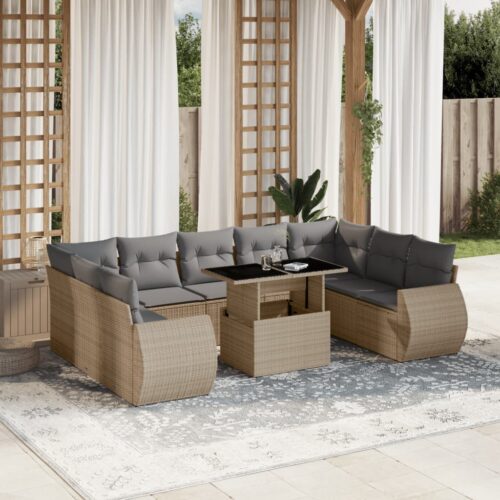 10-Piece Garden Sofa Set with Cushions Beige Poly Rattan Wicker Outdoor Patio Furniture - Image 2