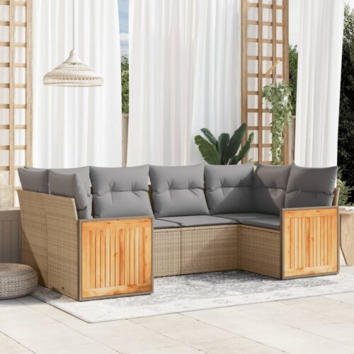 6-Piece Garden Sofa Set with Cushions Beige Poly Rattan Wicker Outdoor Patio Furniture - Image 2