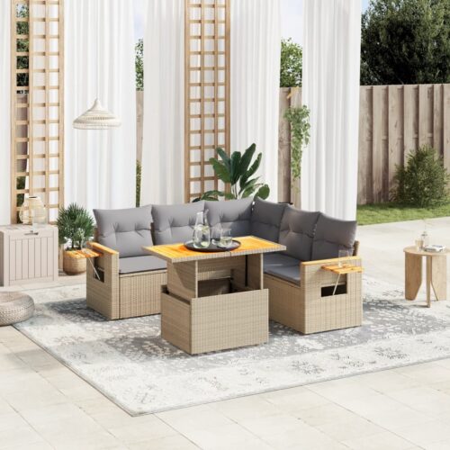 6-Piece Garden Sofa Set with Cushions Beige Poly Rattan Wicker Outdoor Patio Furniture - Image 2