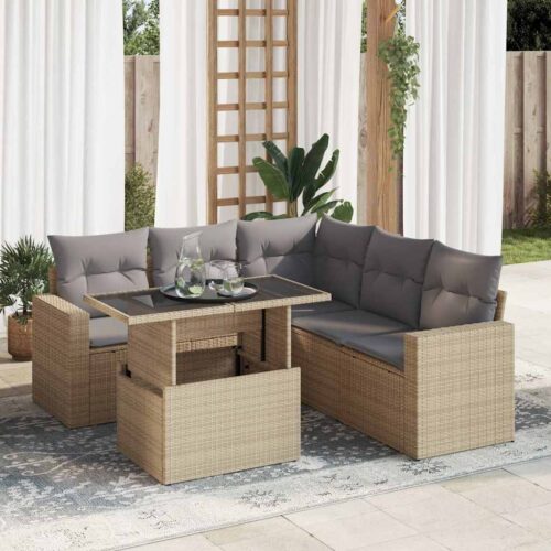 6-Piece Garden Sofa Set with Cushions Beige Poly Rattan Wicker Outdoor Patio Furniture - Image 2