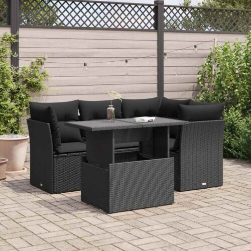 5-Piece Garden Sofa Set with Cushions Black Poly Rattan Wicker Outdoor Patio Furniture - Image 2