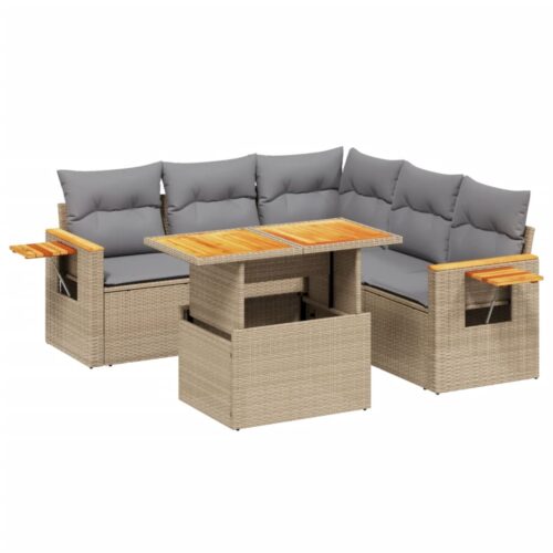 6-Piece Garden Sofa Set with Cushions Beige Poly Rattan Wicker Outdoor Patio Furniture - Image 5