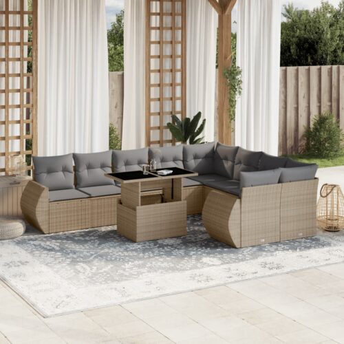 10-Piece Garden Sofa Set with Cushions Beige Poly Rattan Wicker Outdoor Patio Furniture - Image 2