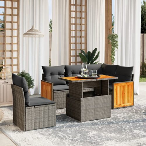 6-Piece Garden Sofa Set with Cushions Beige Poly Rattan Wicker Outdoor Patio Furniture - Image 2