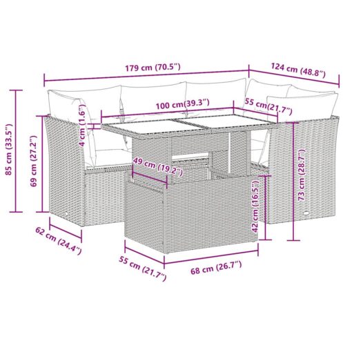 5-Piece Garden Sofa Set with Cushions Black Poly Rattan Wicker Outdoor Patio Furniture - Image 11