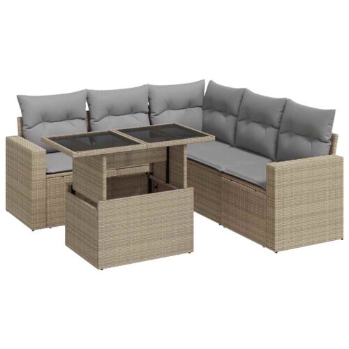 6-Piece Garden Sofa Set with Cushions Beige Poly Rattan Wicker Outdoor Patio Furniture - Image 13