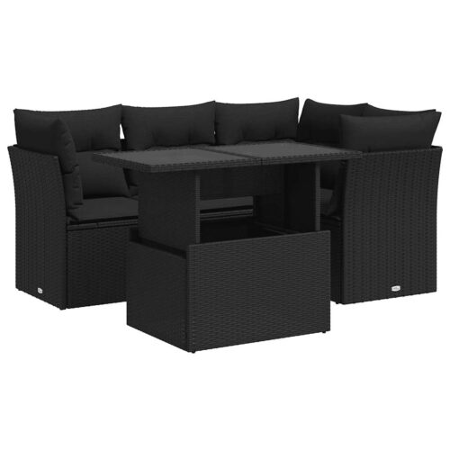 5-Piece Garden Sofa Set with Cushions Black Poly Rattan Wicker Outdoor Patio Furniture - Image 13