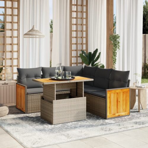 6-Piece Garden Sofa Set with Cushions Beige Poly Rattan Wicker Outdoor Patio Furniture - Image 2