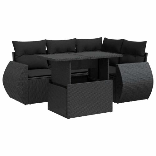 5-Piece Garden Sofa Set with Cushions Black Poly Rattan Wicker Outdoor Patio Furniture