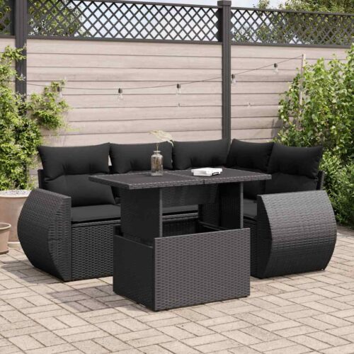 5-Piece Garden Sofa Set with Cushions Black Poly Rattan Wicker Outdoor Patio Furniture - Image 2