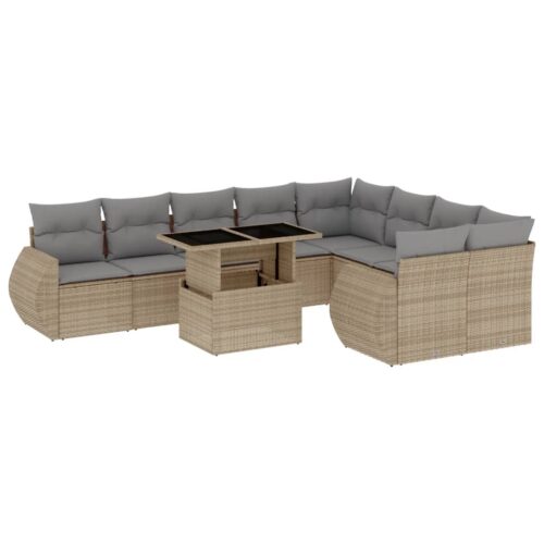 10-Piece Garden Sofa Set with Cushions Beige Poly Rattan Wicker Outdoor Patio Furniture - Image 11