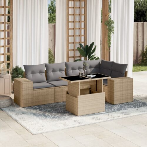 6-Piece Garden Sofa Set with Cushions Beige Poly Rattan Wicker Outdoor Patio Furniture - Image 2