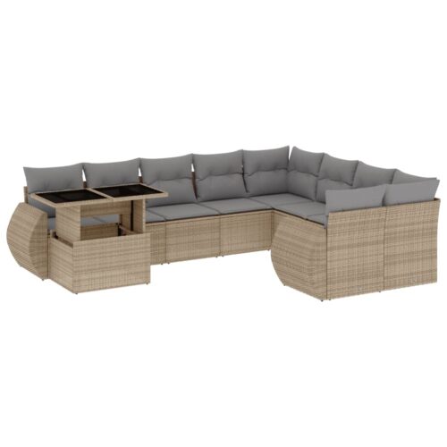 10-Piece Garden Sofa Set with Cushions Beige Poly Rattan Wicker Outdoor Patio Furniture