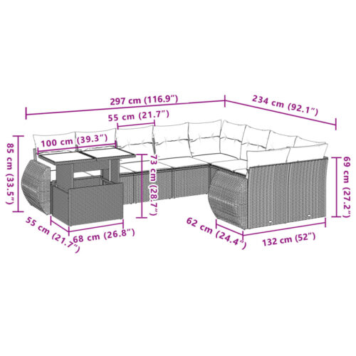 10-Piece Garden Sofa Set with Cushions Beige Poly Rattan Wicker Outdoor Patio Furniture - Image 10