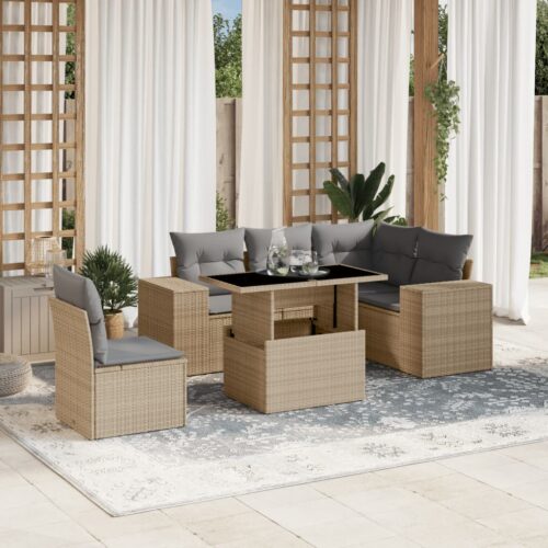 6-Piece Garden Sofa Set with Cushions Beige Poly Rattan Wicker Outdoor Patio Furniture - Image 2