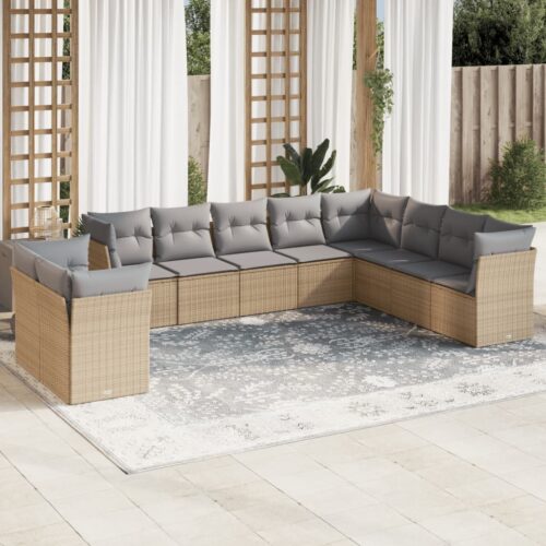 10-Piece Garden Sofa Set with Cushions Beige Poly Rattan Wicker Outdoor Patio Furniture - Image 2
