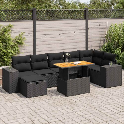 5-Piece Garden Sofa Set with Cushions Black Poly Rattan Wicker Outdoor Patio Furniture Acacia - Image 2