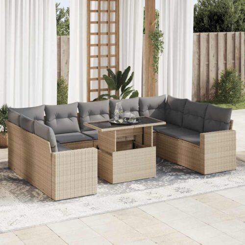 10-Piece Garden Sofa Set with Cushions Beige Poly Rattan Wicker Outdoor Patio Furniture - Image 2