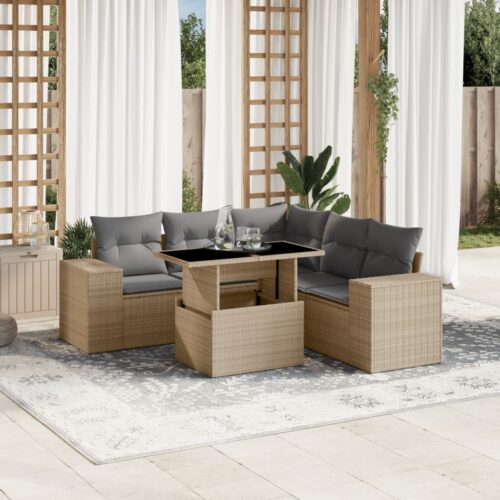 6-Piece Garden Sofa Set with Cushions Beige Poly Rattan Wicker Outdoor Patio Furniture - Image 2