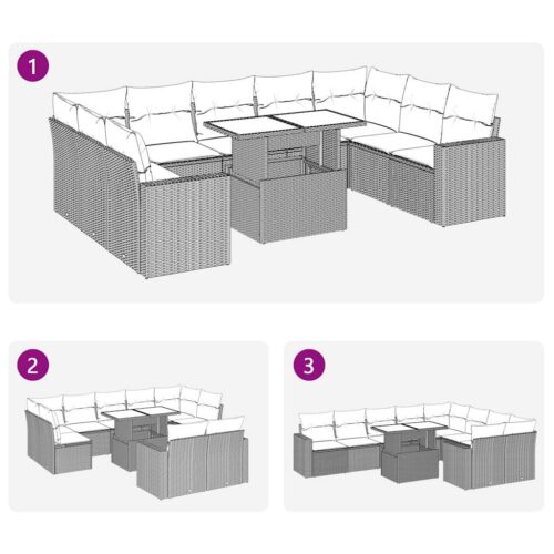 10-Piece Garden Sofa Set with Cushions Beige Poly Rattan Wicker Outdoor Patio Furniture - Image 11