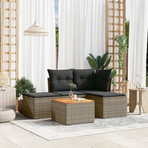 5-Piece Garden Sofa Set with Cushions Grey Poly Rattan Wicker Outdoor Patio Furniture - Image 2