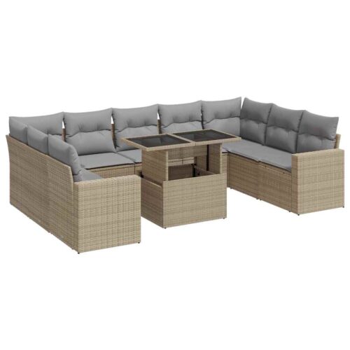 10-Piece Garden Sofa Set with Cushions Beige Poly Rattan Wicker Outdoor Patio Furniture - Image 13