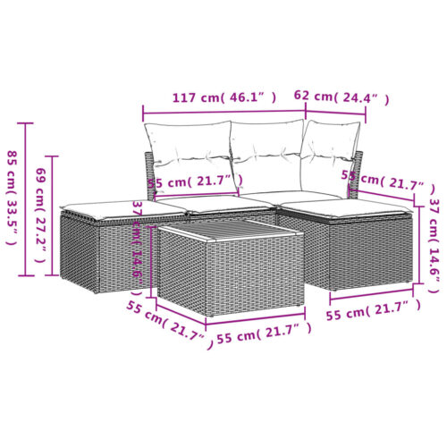5-Piece Garden Sofa Set with Cushions Grey Poly Rattan Wicker Outdoor Patio Furniture - Image 3