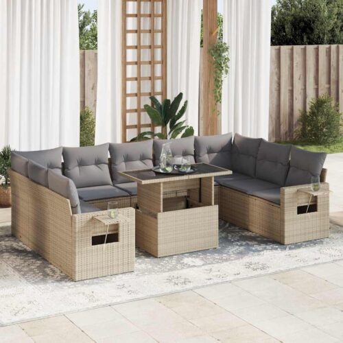 10-Piece Garden Sofa Set with Cushions Beige Poly Rattan Wicker Outdoor Patio Furniture - Image 2
