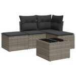 5-Piece Garden Sofa Set with Cushions Grey Poly Rattan Wicker Outdoor Patio Furniture