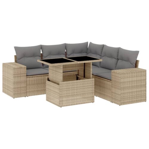 6-Piece Garden Sofa Set with Cushions Beige Poly Rattan Wicker Outdoor Patio Furniture - Image 13