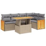 6-Piece Garden Sofa Set with Cushions Beige Poly Rattan Wicker Outdoor Patio Furniture