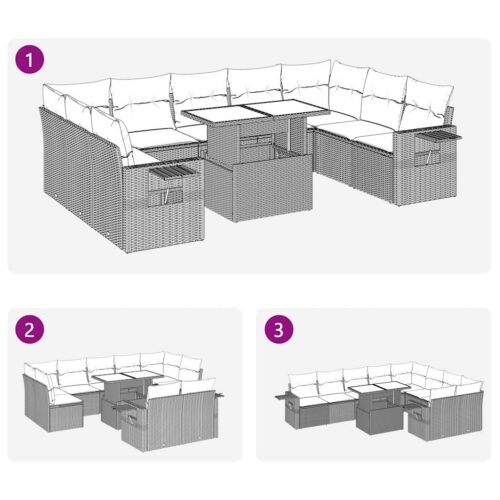 10-Piece Garden Sofa Set with Cushions Beige Poly Rattan Wicker Outdoor Patio Furniture - Image 12
