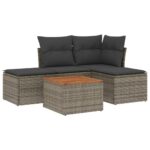 5-Piece Garden Sofa Set with Cushions Grey Poly Rattan Wicker Outdoor Patio Furniture