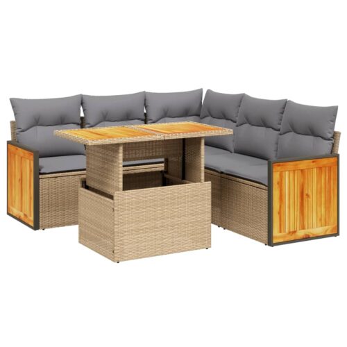 6-Piece Garden Sofa Set with Cushions Beige Poly Rattan Wicker Outdoor Patio Furniture - Image 5