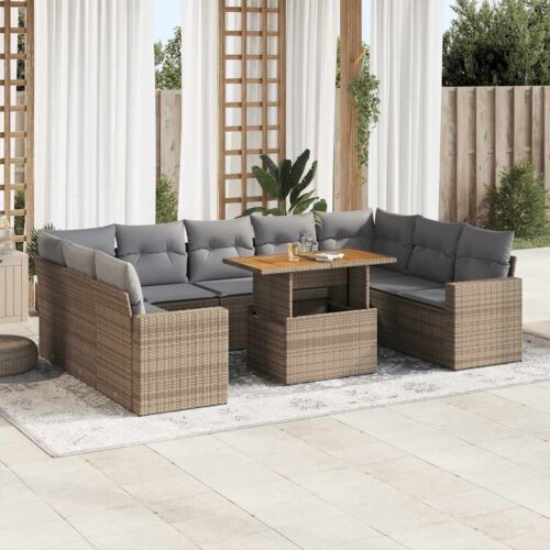 10-Piece Garden Sofa Set with Cushions Beige Poly Rattan Wicker Outdoor Patio Furniture - Image 2
