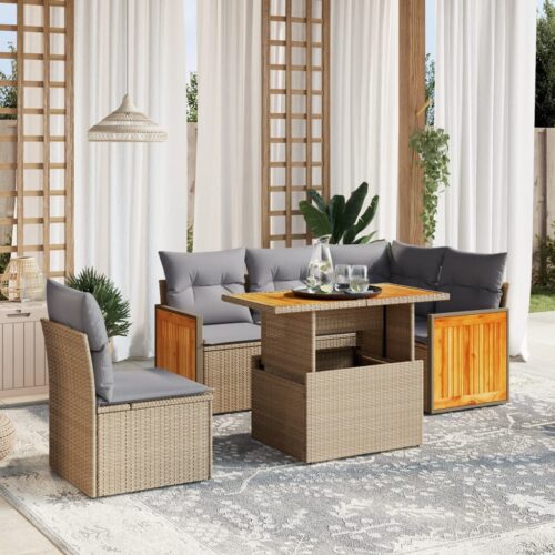 6-Piece Garden Sofa Set with Cushions Beige Poly Rattan Wicker Outdoor Patio Furniture - Image 2