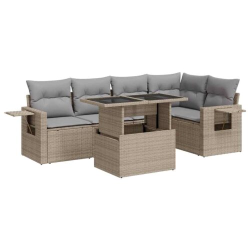 6-Piece Garden Sofa Set with Cushions Beige Poly Rattan Wicker Outdoor Patio Furniture