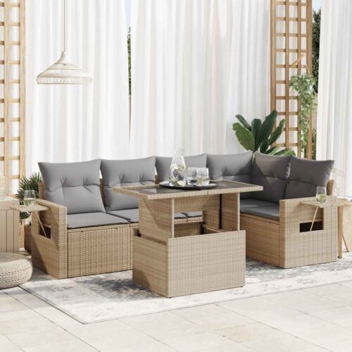 6-Piece Garden Sofa Set with Cushions Beige Poly Rattan Wicker Outdoor Patio Furniture - Image 2