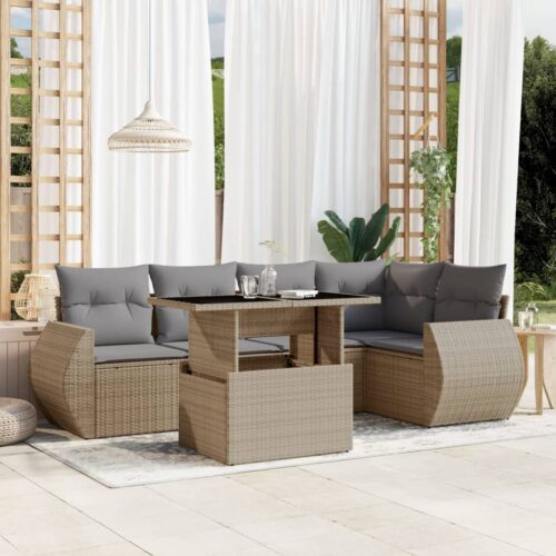 6-Piece Garden Sofa Set with Cushions Beige Poly Rattan Wicker Outdoor Patio Furniture - Image 2