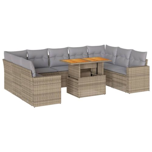 10-Piece Garden Sofa Set with Cushions Beige Poly Rattan Wicker Outdoor Patio Furniture - Image 13